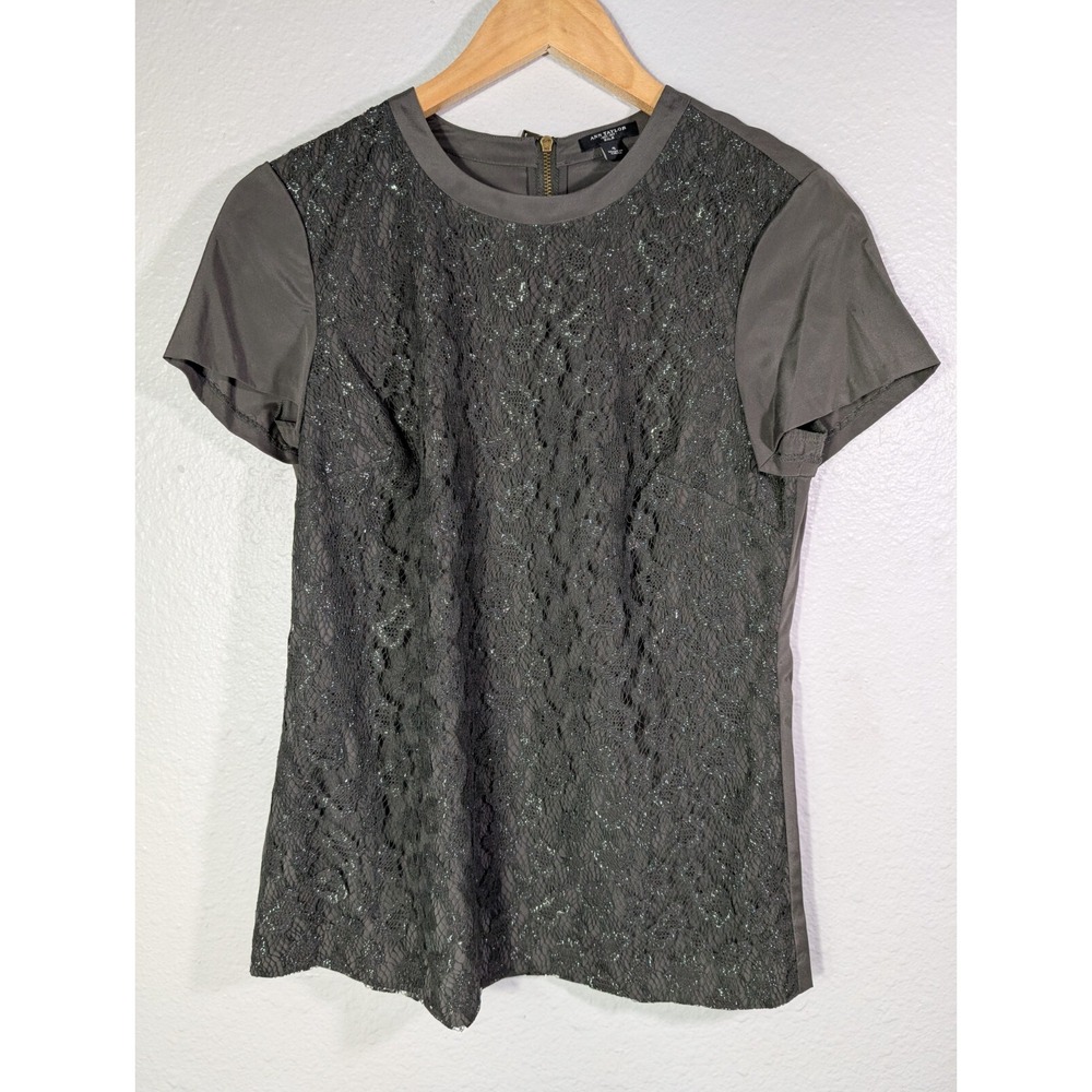 NWOT Ann Taylor Silk Blouse Floral Lace Overlay Metallic Shimmer Green‎ Sz 4 116